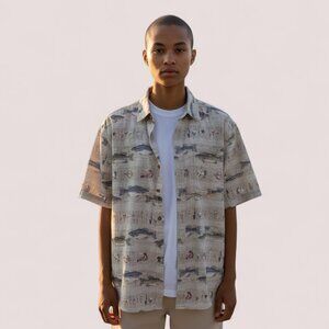 Magellan Mens Shirt Tan/Khaki Fish Design Short Sleeve Sz L